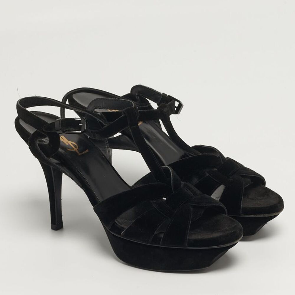 Saint Laurent Tribute Size 38 Black Velvet Platform Sandals - Picture 4 of 7